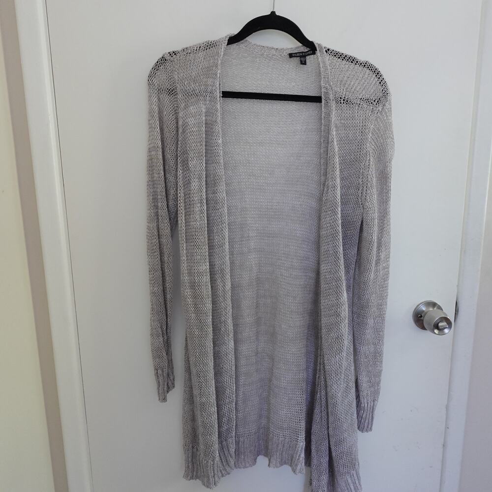 Eileen Fisher 100% Linen Gray Cardigan Open Front Long Line Lightweight Boho